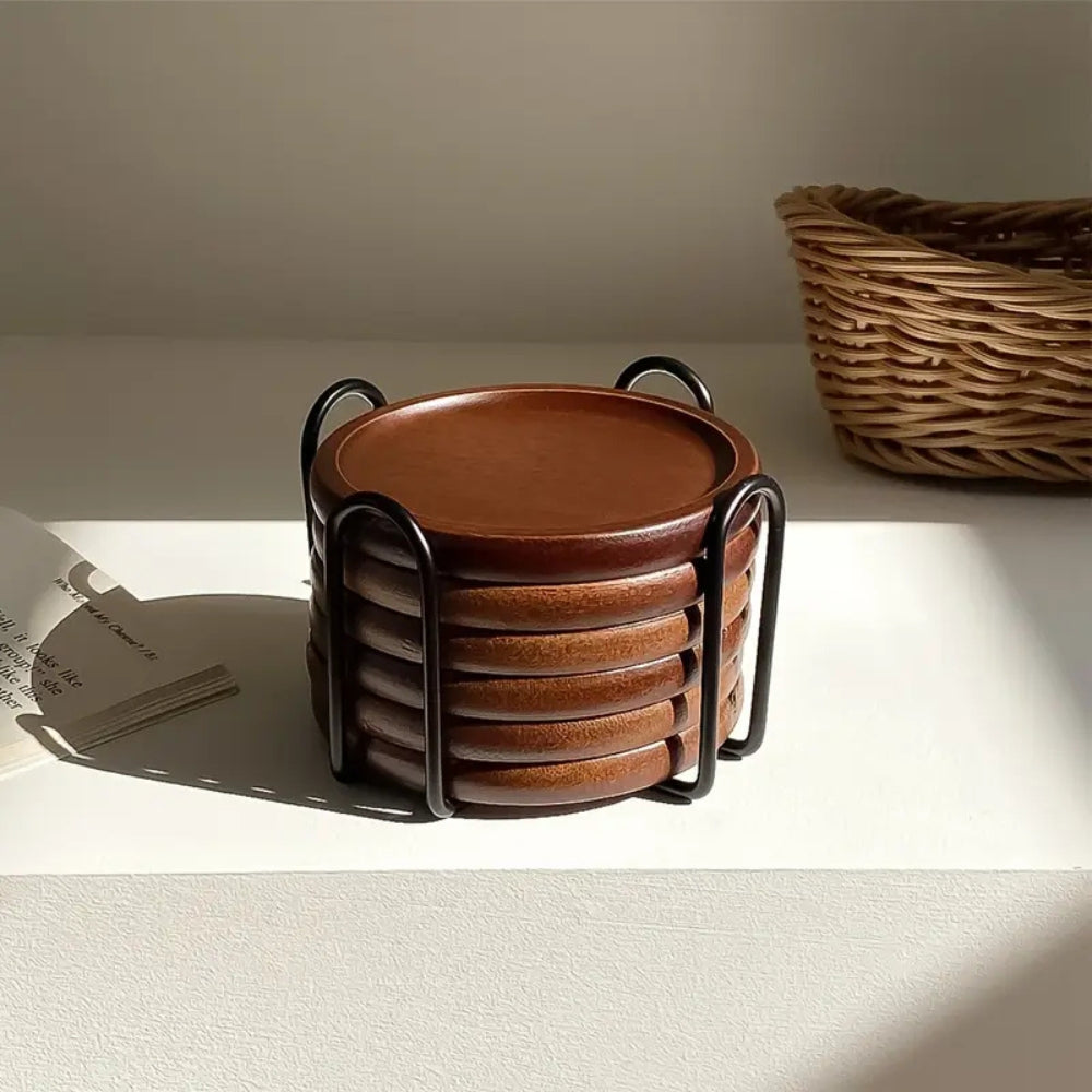 Rustic Wooden Coasters Metal Holder | 6pcs Set