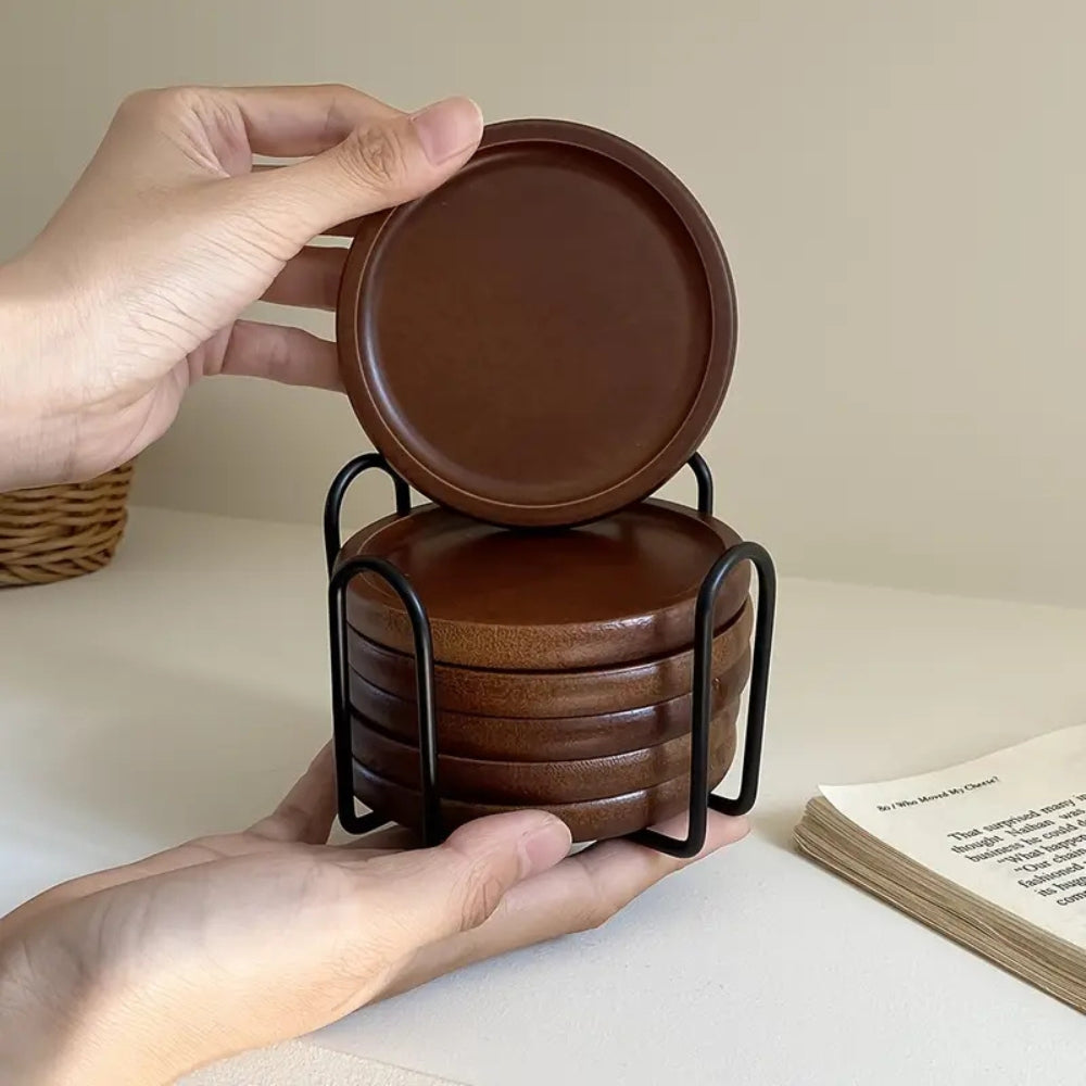 Rustic Wooden Coasters Metal Holder | 6pcs Set
