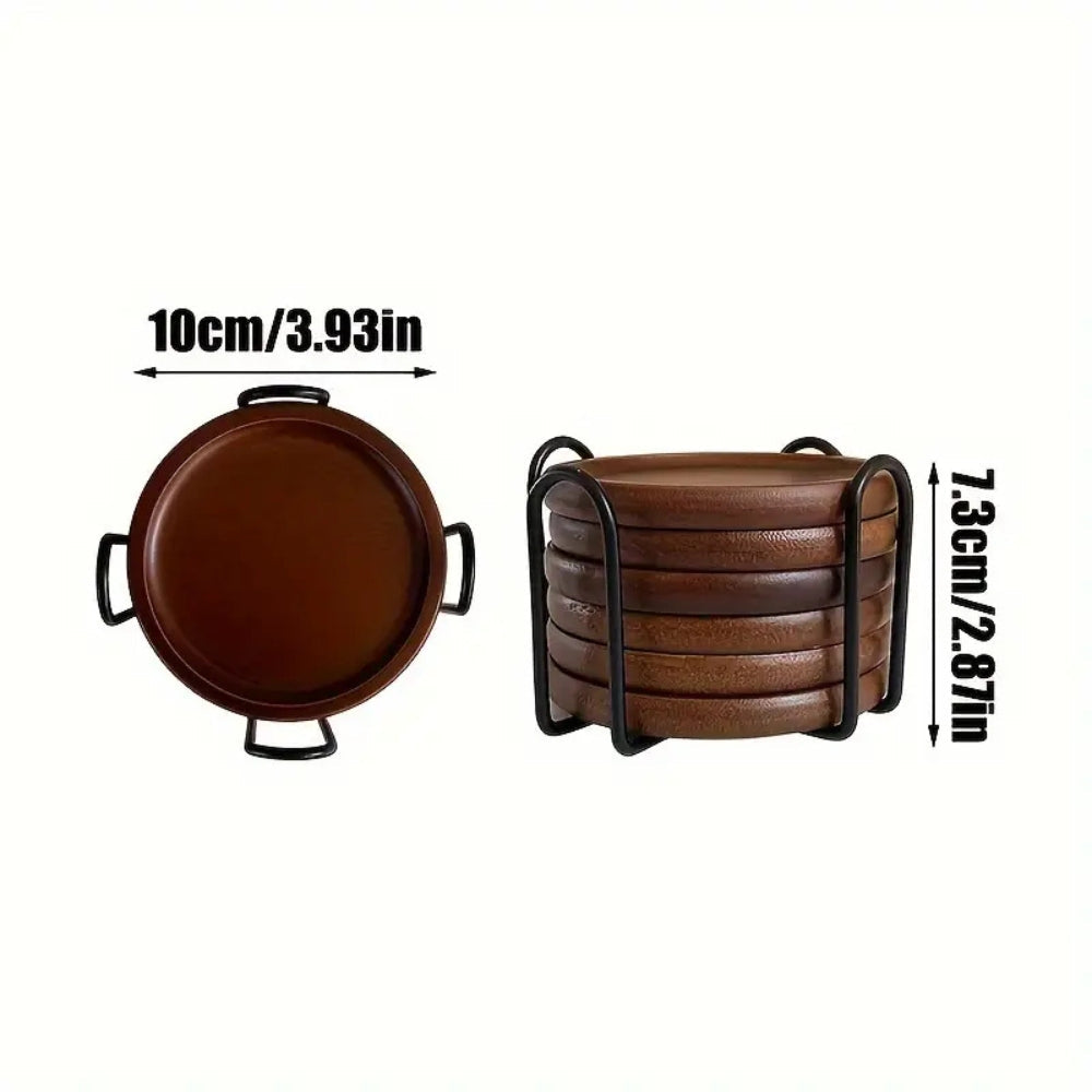 Rustic Wooden Coasters Metal Holder | 6pcs Set